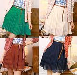 Retro Fashion College Wind Pleated Skirt Waist Elastic Skirt + Belt 