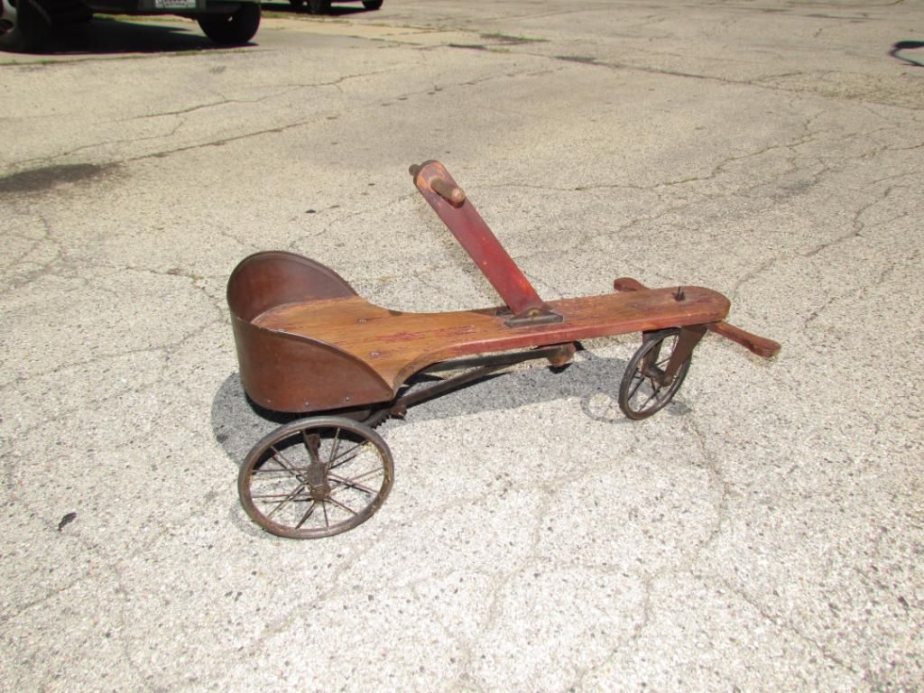 ANTIQUE VINTAGE WOODEN IRISH MAIL CART GEAR DRIVEN WOOD PEDAL CAR *RARE