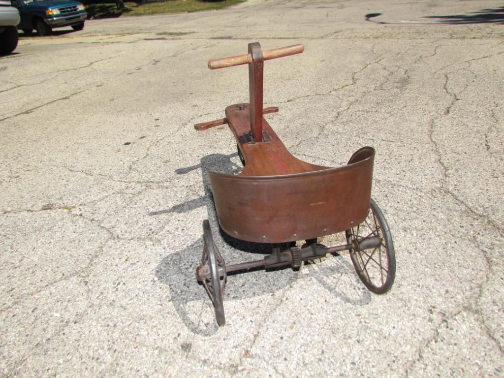 ANTIQUE VINTAGE WOODEN IRISH MAIL CART GEAR DRIVEN WOOD PEDAL CAR *RARE