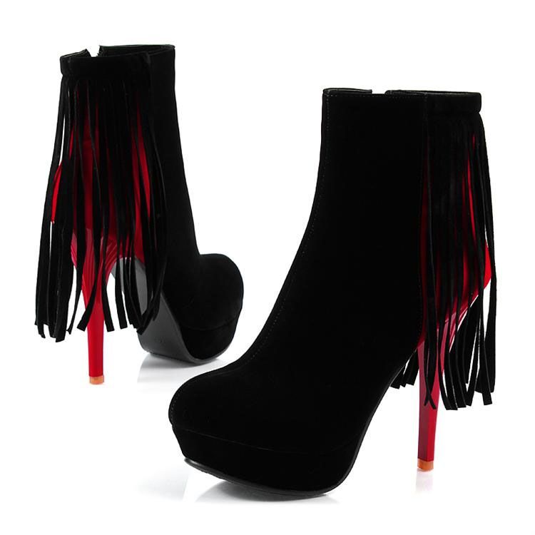 Womens Lady Tassels Ankle Boots High Heel Platform Zipper Black Red
