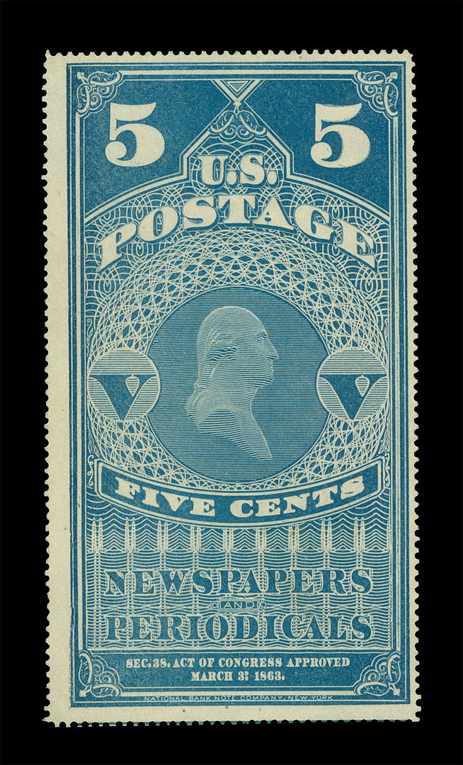 US 1865 NEWSPAPER Stamps Washington 5c blue Scott PR4 mint MH VF w