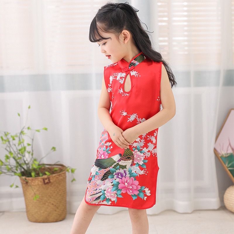 Chinese Childrens Girls China Red and Oriental Cranes Qipao Cheongsam Dress gcd5