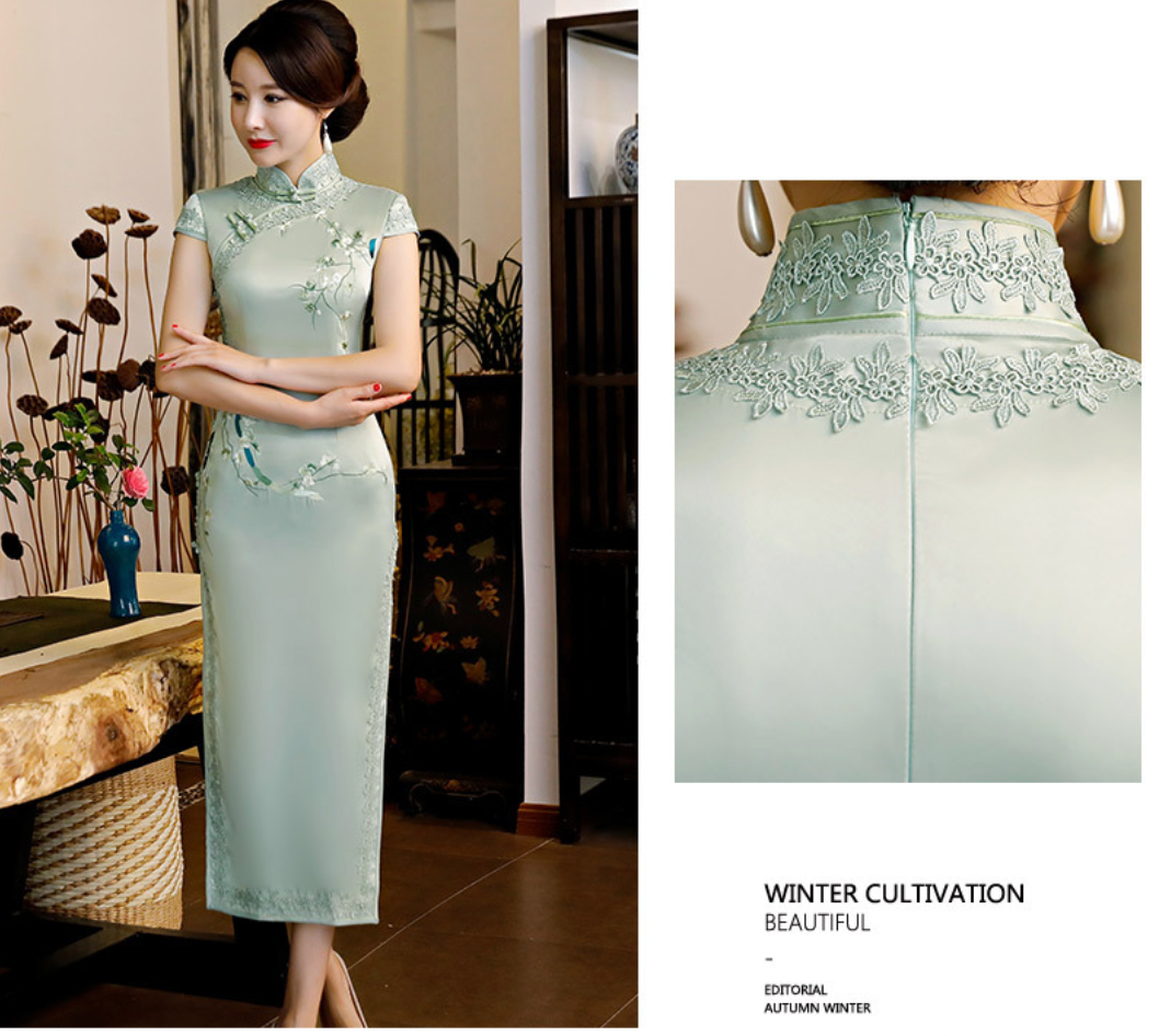 Nouveau Luxe Coton Noir Chinois Floral Longue Robe Cheongsam QiPao lcdress 139